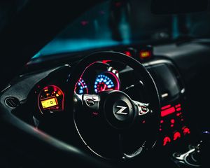 Preview wallpaper car, steering wheel, dashboard, backlight, black