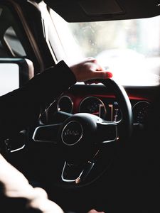 Preview wallpaper car, steering wheel, hand, salon, dark