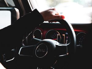Preview wallpaper car, steering wheel, hand, salon, dark
