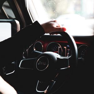 Preview wallpaper car, steering wheel, hand, salon, dark