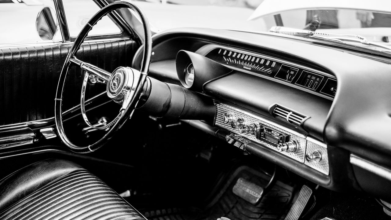 Wallpaper car, steering wheel, retro, black and white