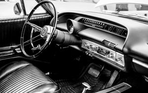 Preview wallpaper car, steering wheel, retro, black and white