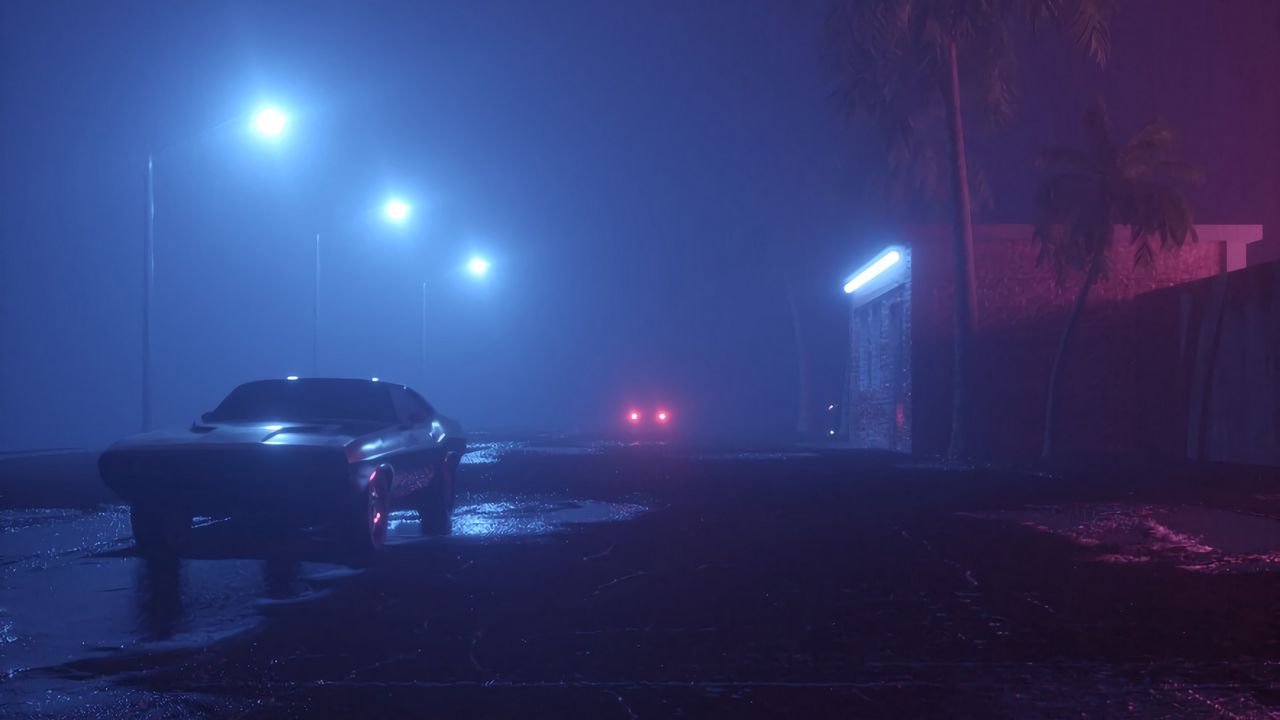 Wallpaper car, street, neon, fog, lights, night