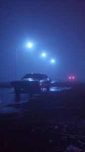 Preview wallpaper car, street, neon, fog, lights, night