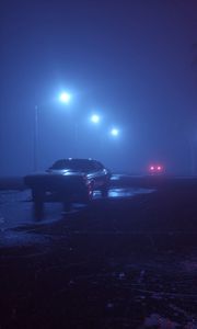 Preview wallpaper car, street, neon, fog, lights, night