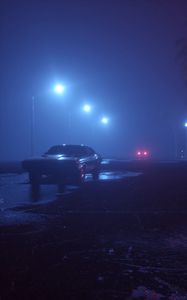 Preview wallpaper car, street, neon, fog, lights, night