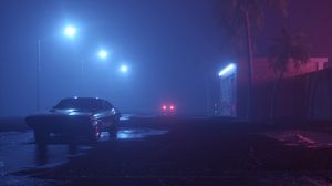 Preview wallpaper car, street, neon, fog, lights, night