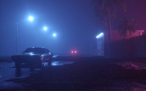 Preview wallpaper car, street, neon, fog, lights, night