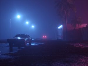 Preview wallpaper car, street, neon, fog, lights, night