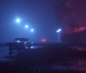 Preview wallpaper car, street, neon, fog, lights, night