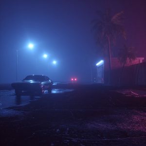 Preview wallpaper car, street, neon, fog, lights, night