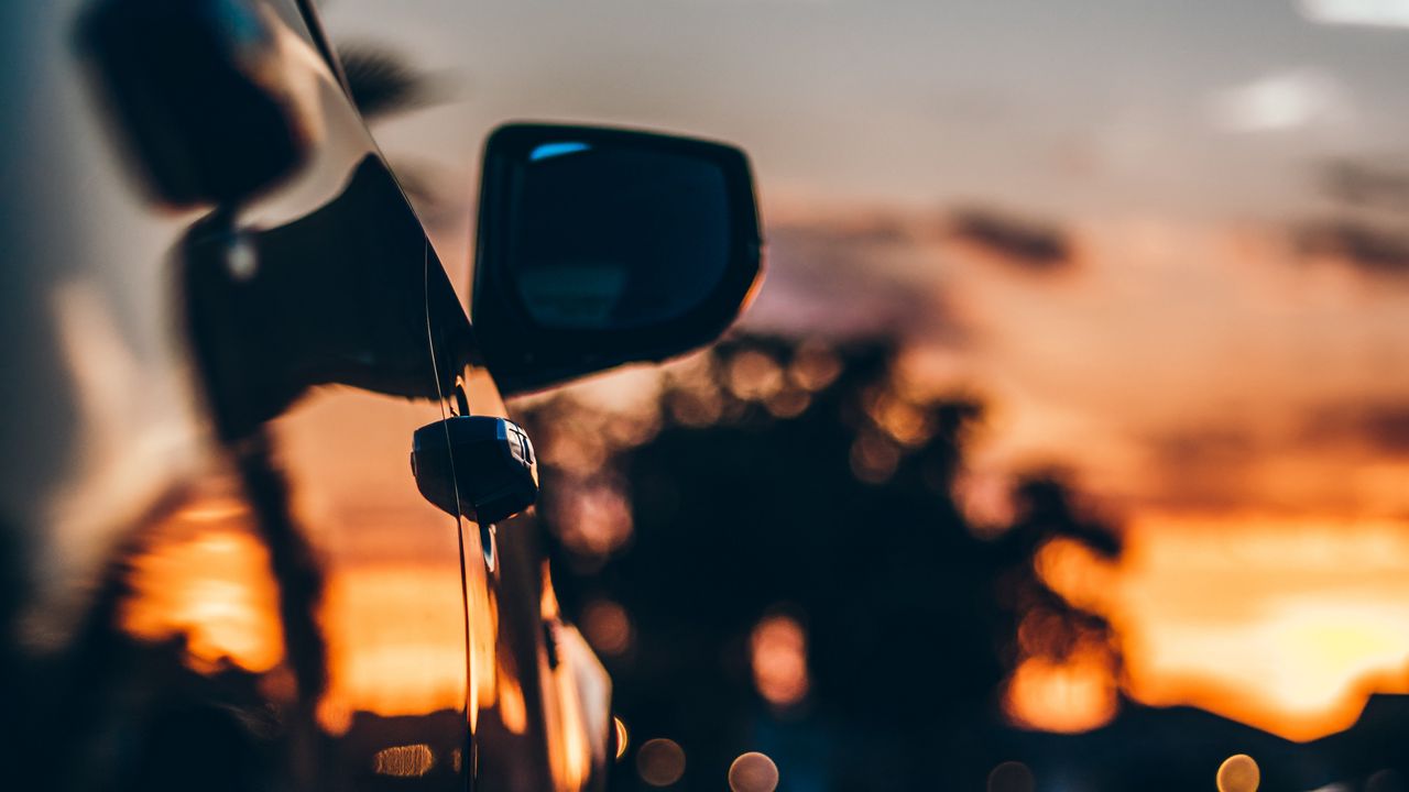 Wallpaper car, sunset, movement, mirror blur