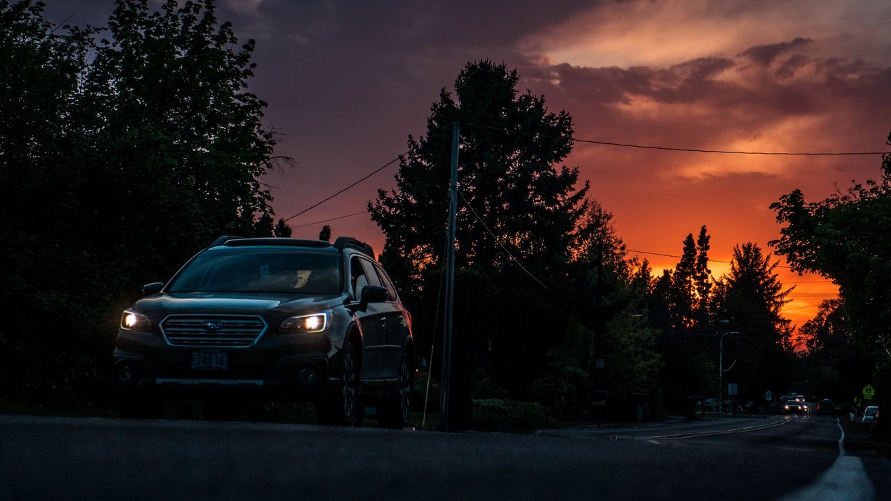 Wallpaper car, sunset, traffic, road, night