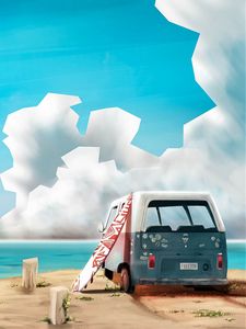 Preview wallpaper car, surfing, sea, art