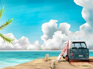 Preview wallpaper car, surfing, sea, art