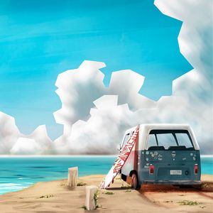 Preview wallpaper car, surfing, sea, art