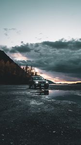 Preview wallpaper car, suv, black, off-road, nature, dusk