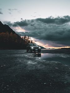 Preview wallpaper car, suv, black, off-road, nature, dusk
