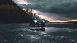 Preview wallpaper car, suv, black, off-road, nature, dusk