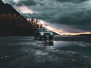 Preview wallpaper car, suv, black, off-road, nature, dusk