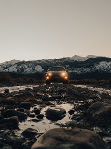 Preview wallpaper car, suv, black, mountains, nature