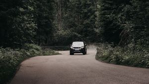 Preview wallpaper car, suv, forest, road, mountains