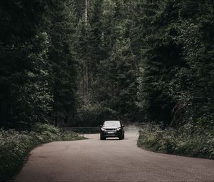 Preview wallpaper car, suv, forest, road, mountains