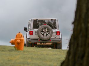 Preview wallpaper car, suv, gray, tree, field, hydrant