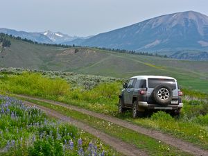 Preview wallpaper car, suv, gray, field, path