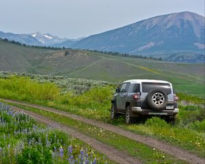 Preview wallpaper car, suv, gray, field, path