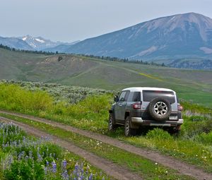 Preview wallpaper car, suv, gray, field, path