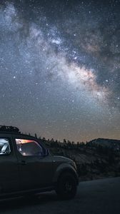 Preview wallpaper car, suv, night, mountains, starry sky