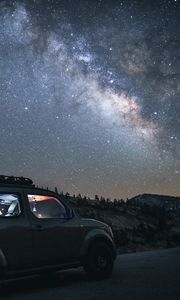 Preview wallpaper car, suv, night, mountains, starry sky