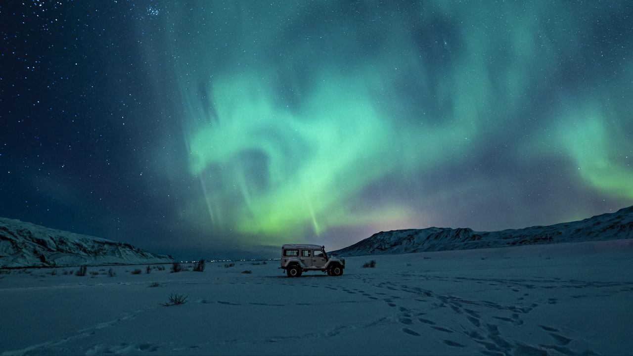 Wallpaper car, suv, northern lights, night, winter
