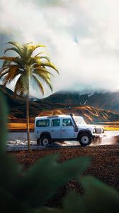 Preview wallpaper car, suv, palm tree, mountains