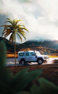 Preview wallpaper car, suv, palm tree, mountains