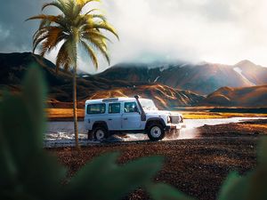 Preview wallpaper car, suv, palm tree, mountains