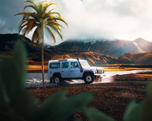 Preview wallpaper car, suv, palm tree, mountains