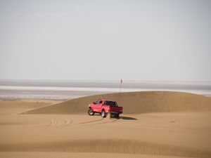 Preview wallpaper car, suv, red, sand, desert