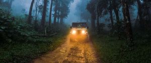 Preview wallpaper car, suv, road, forest, fog