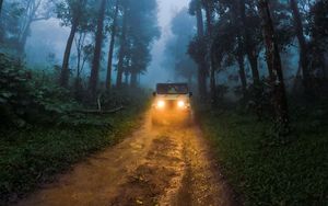 Preview wallpaper car, suv, road, forest, fog