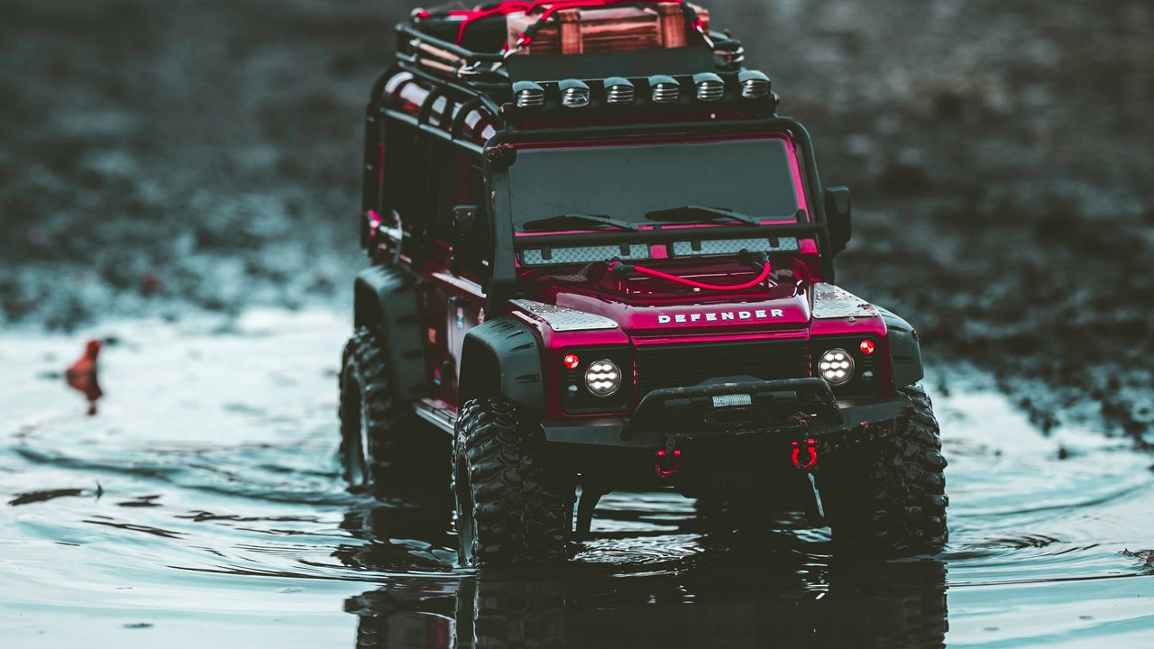 Wallpaper car, suv, toy, red, puddle