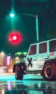 Preview wallpaper car, suv, white, road, asphalt, neon