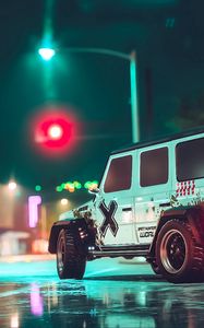 Preview wallpaper car, suv, white, road, asphalt, neon