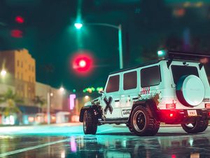 Preview wallpaper car, suv, white, road, asphalt, neon