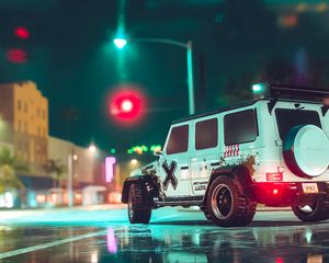 Preview wallpaper car, suv, white, road, asphalt, neon