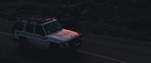 Preview wallpaper car, suv, white, sunset, mountains, road