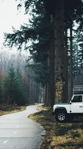 Preview wallpaper car, suv, white, road, forest