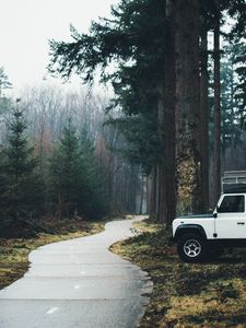 Preview wallpaper car, suv, white, road, forest