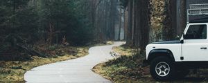 Preview wallpaper car, suv, white, road, forest